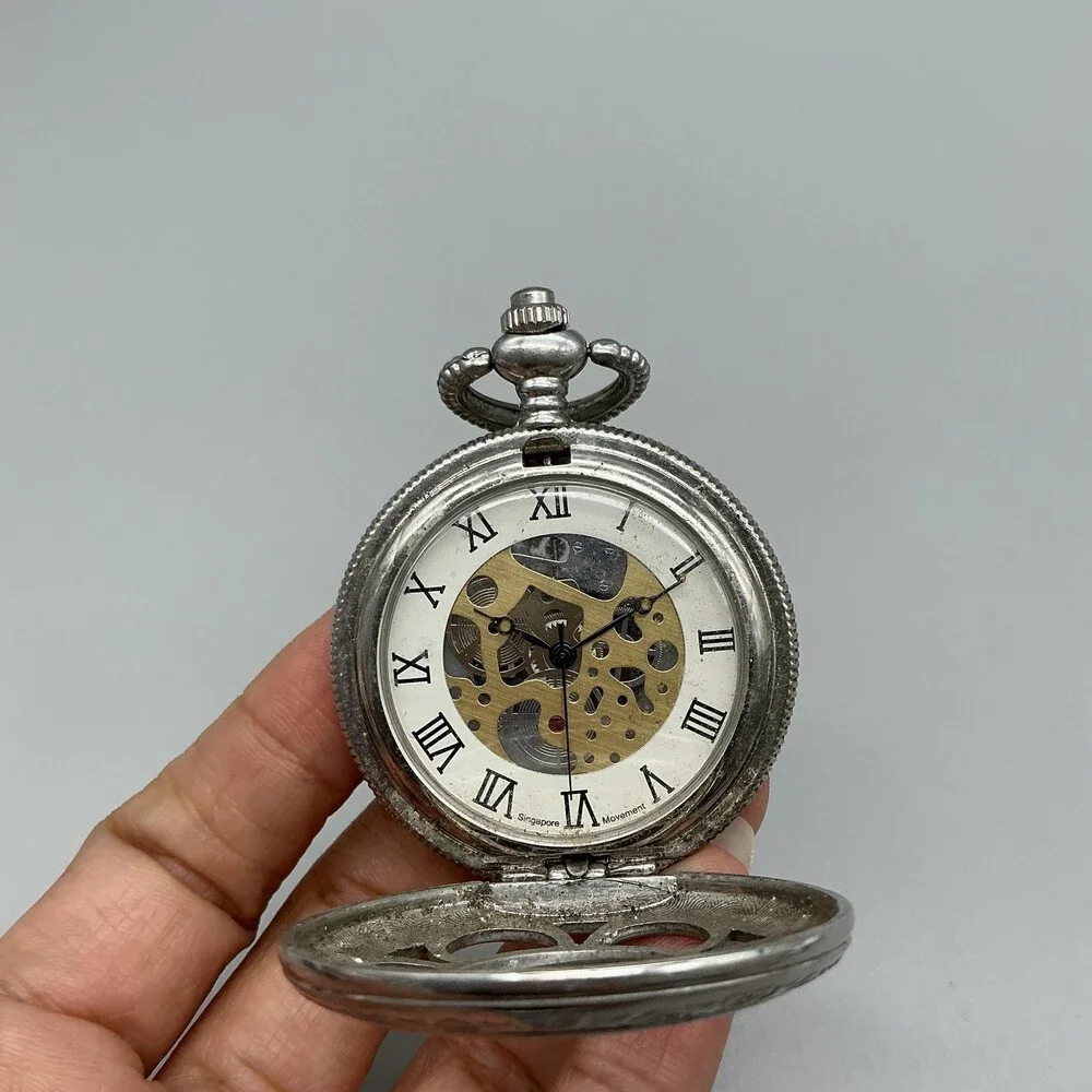 Kansas City Railroad Pocket Watch Men 47mm Silver Tone Skeleton Manual